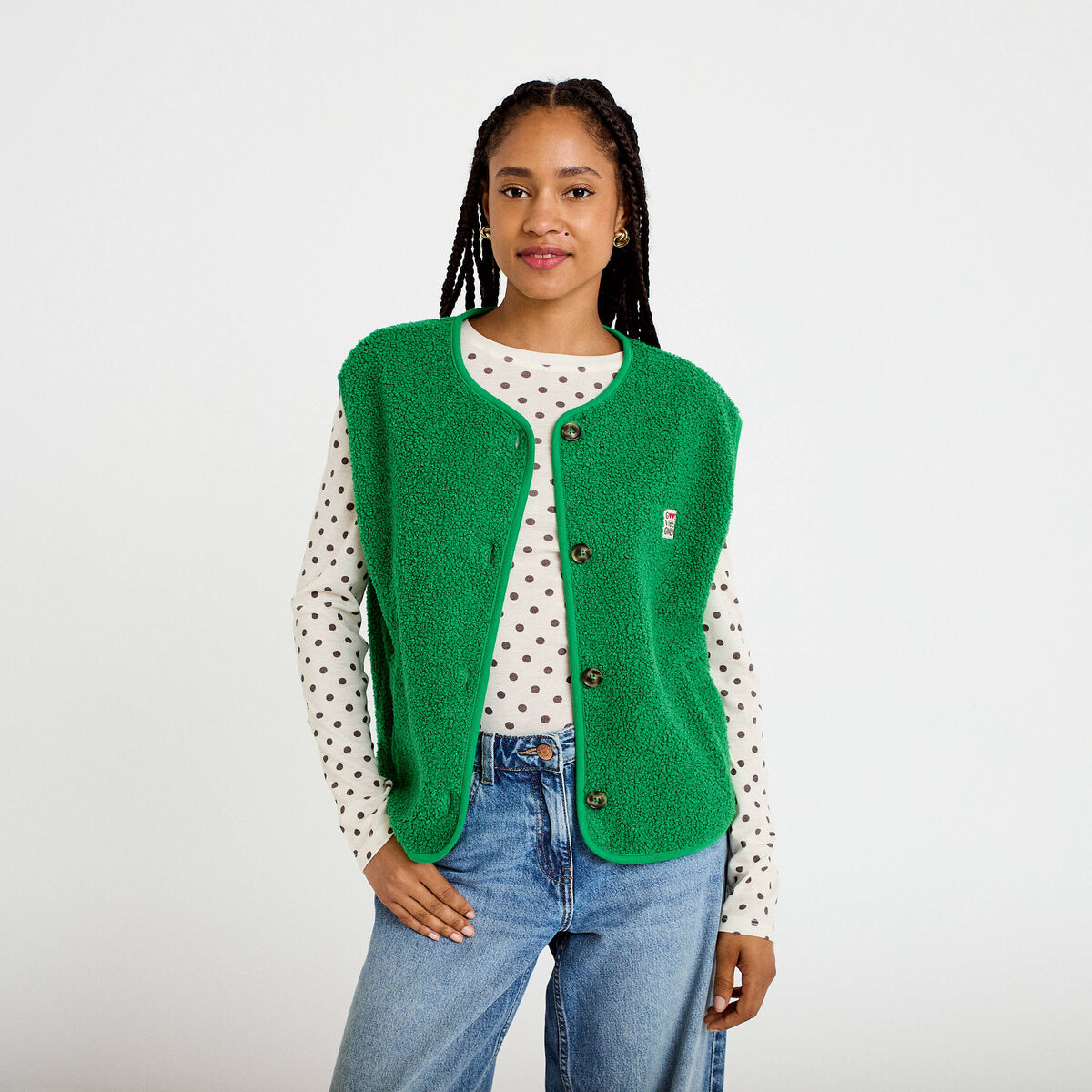 Gilet sans manches fausse fourrure vert fonc&eacute; femme