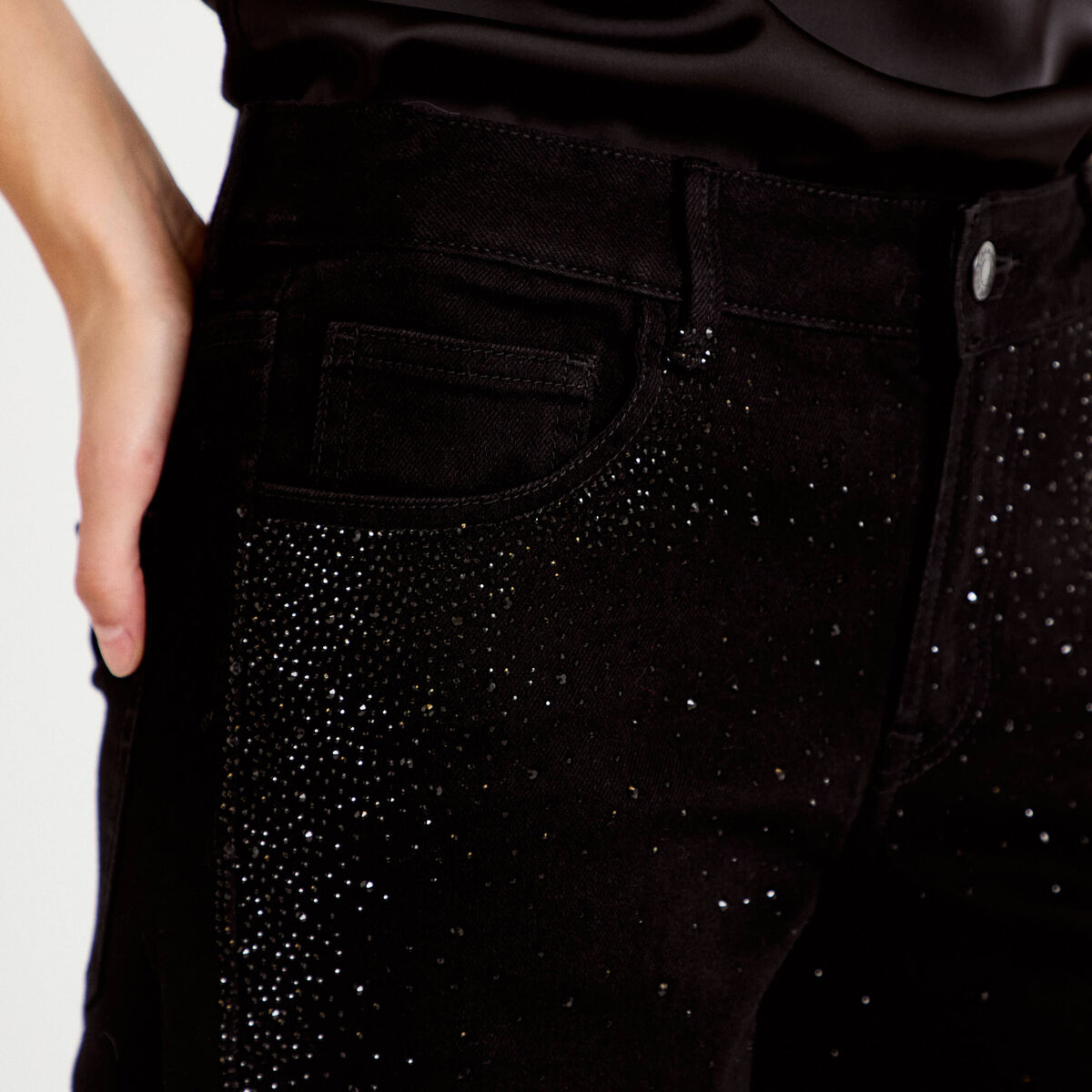 Jean wide leg taille basse strass noir femme