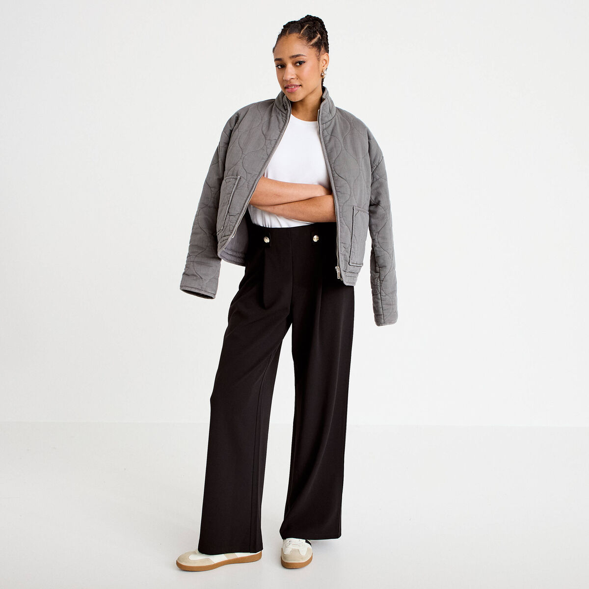 Pantalon large taille haute fluide noir femme