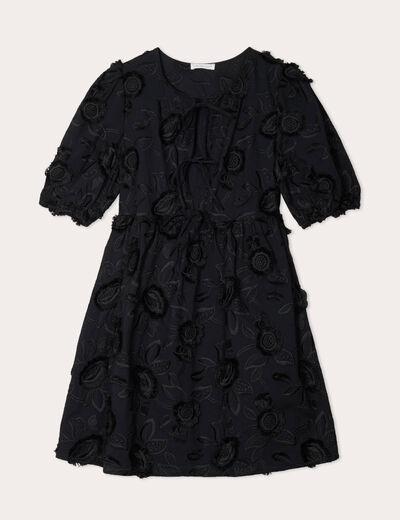 Robe évasée brodée noir femme