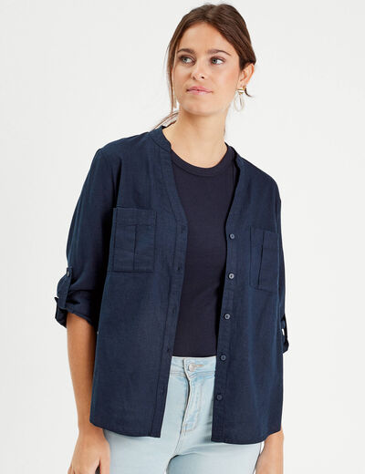 Chemise manches 3/4 contenant du lin bleu marine femme