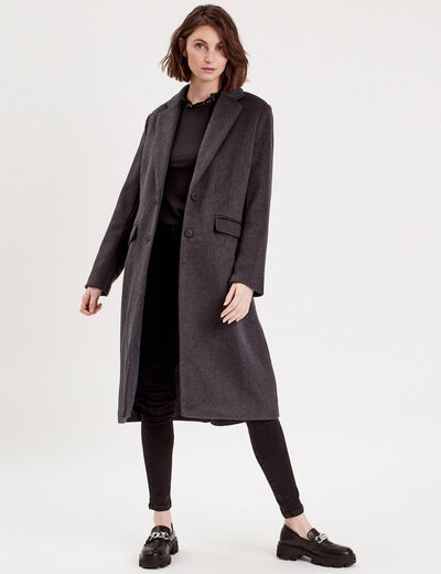 Manteau droit long boutonné gris foncé femme