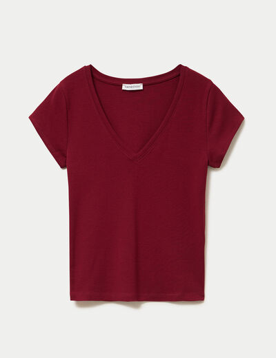 T-shirt ajust&eacute; col v manches courtes rouge femme