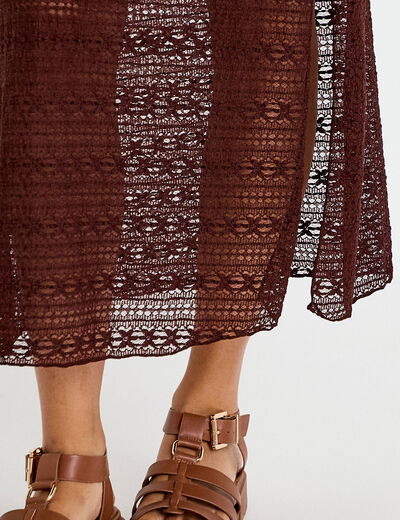 Jupe longue droite en dentelle marron femme