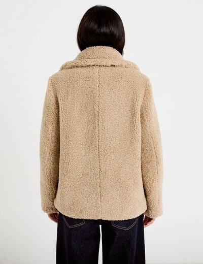 Manteau droit bouclettes col tailleur beige femme
