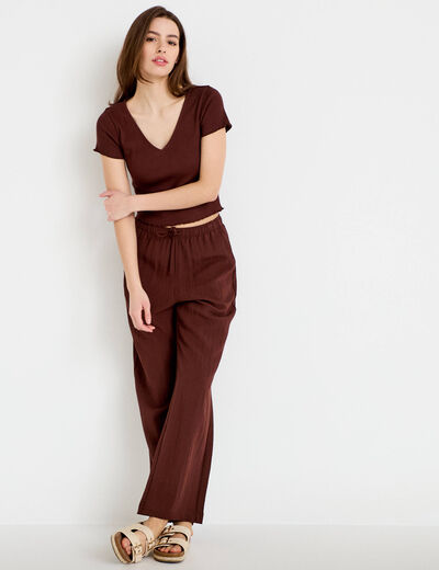 Pantalon large taille haute en cr&ecirc;pe marron femme