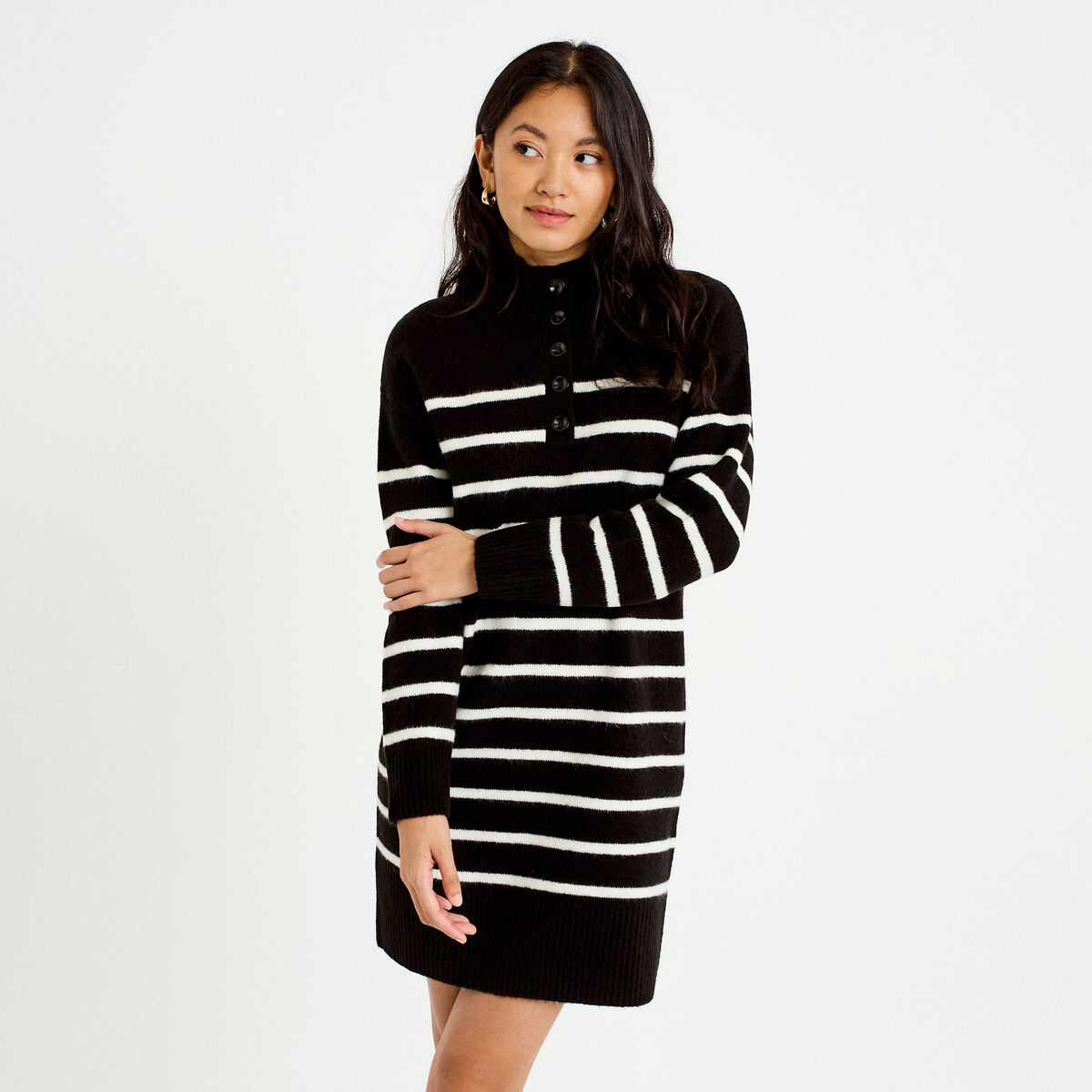 Robe pull droite manches longues 3/4 noir femme