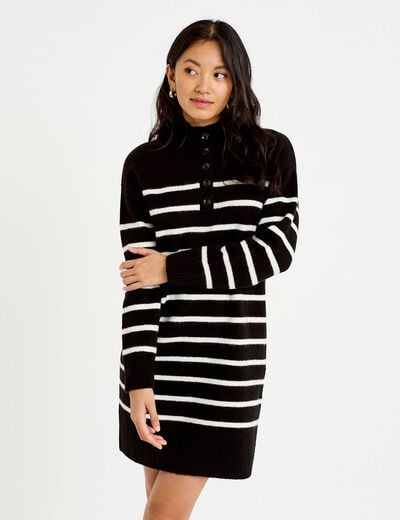 Robe pull droite manches longues 3/4 noir femme