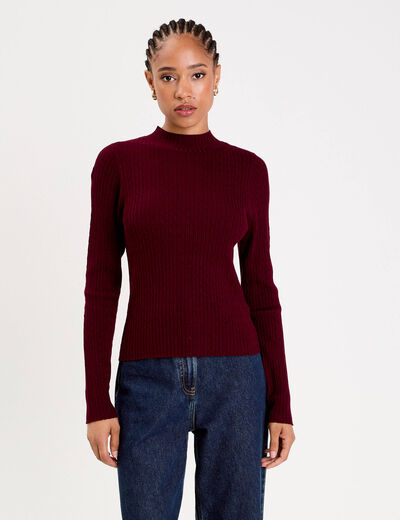 Pull col montant torsades bordeaux femme