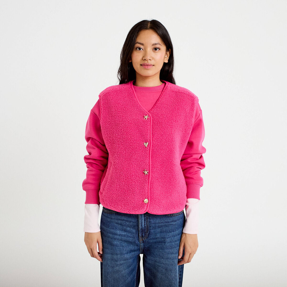 Gilet sans manches effet polaire col v rose fushia femme