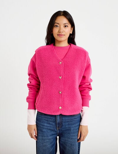 Gilet sans manches effet polaire col v rose fushia femme
