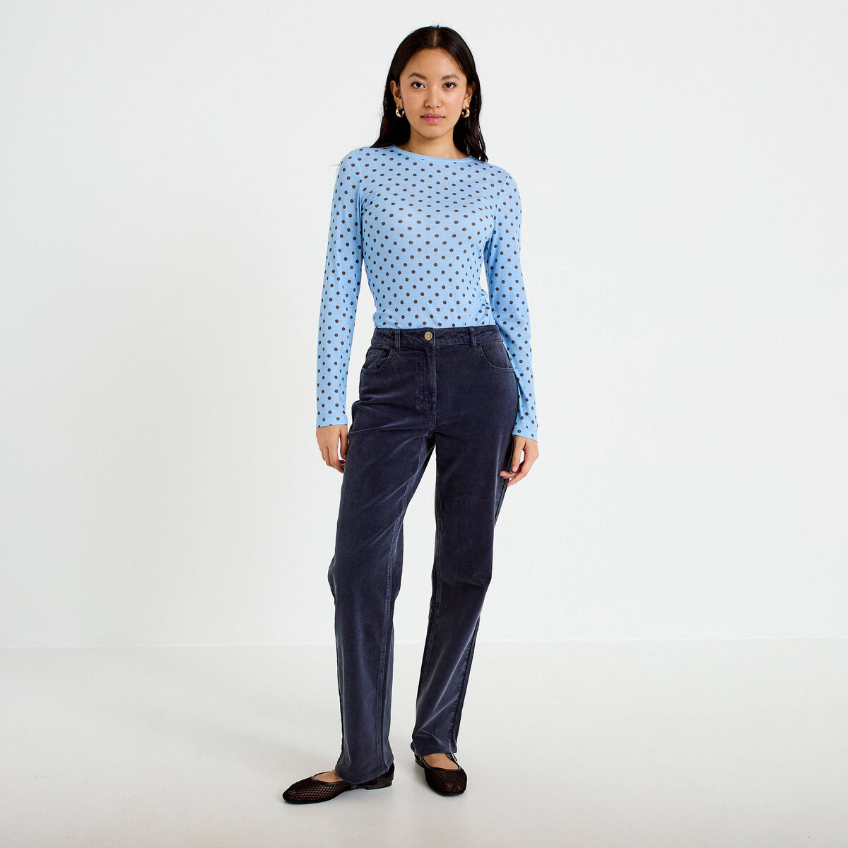 Pantalon droit en velours bleu marine femme
