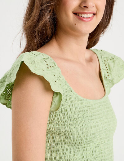T-shirt smocké avec broderie vert clair femme