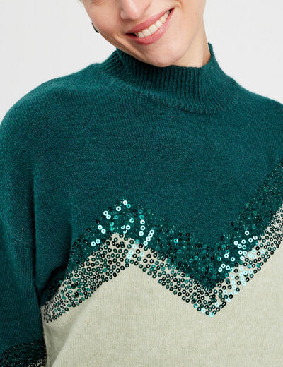 Pull avec sequins vert foncé femme