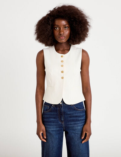 Gilet ajust&eacute; sans manches col rond ecru femme