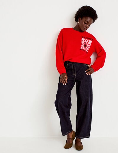Pull ample col rond manches longues rouge femme