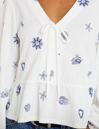 Blouse cintr&eacute;e col v manches longues blanc femme
