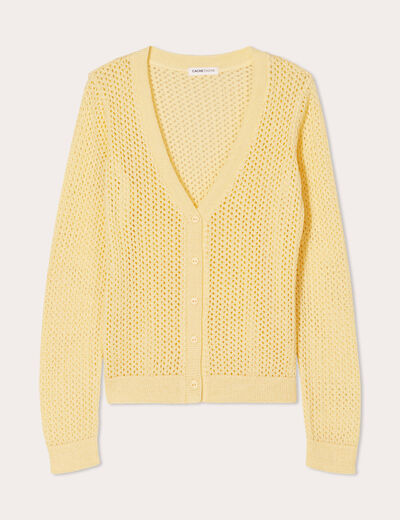 Gilet manches longues ajouré jaune moutarde femme