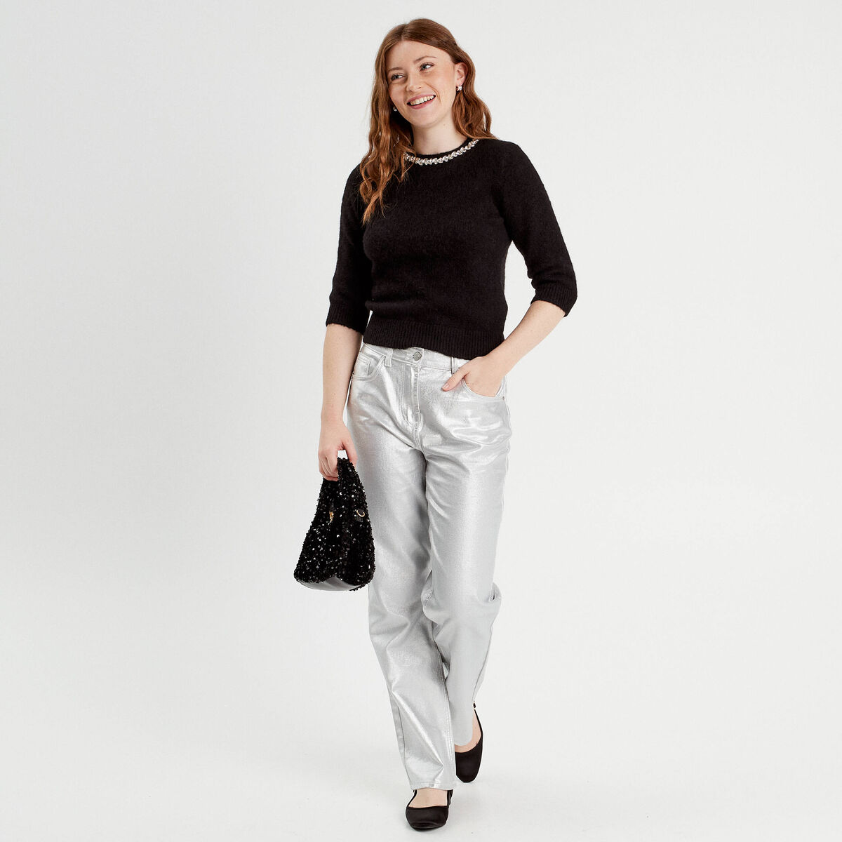 Pull manches courtes noir femme