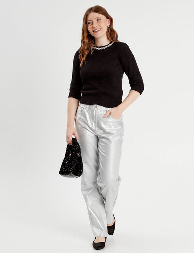 Pull manches courtes noir femme