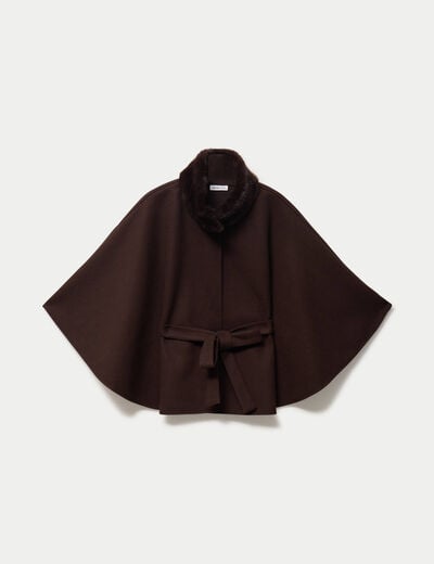 Poncho en fausse fourrure marron fonc&eacute; femme