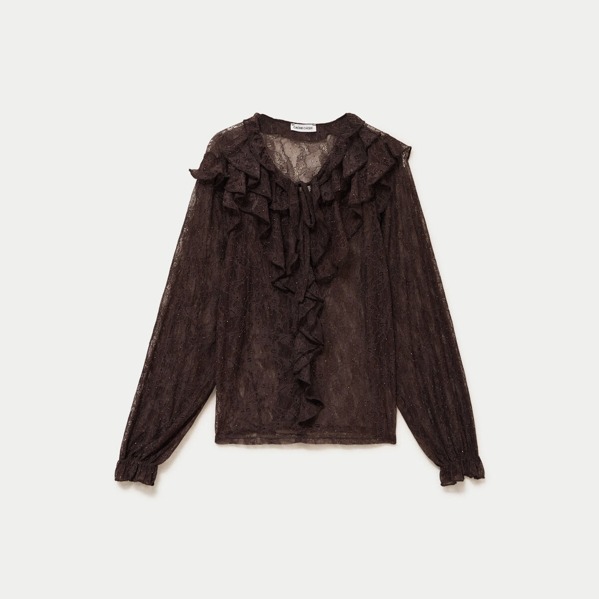 Blouse dentelle manches longues marron fonc&eacute; femme