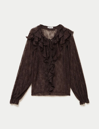 Blouse dentelle manches longues marron fonc&eacute; femme