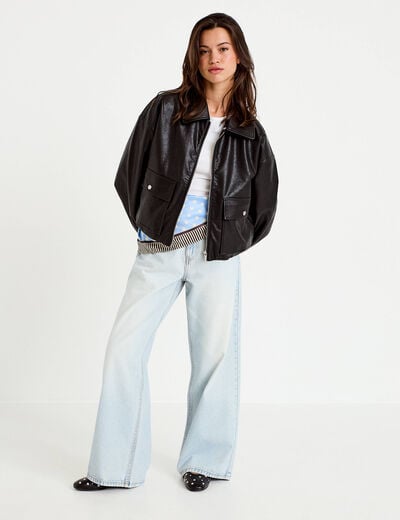 Jean wide leg taille haute Petite denim bleach femme