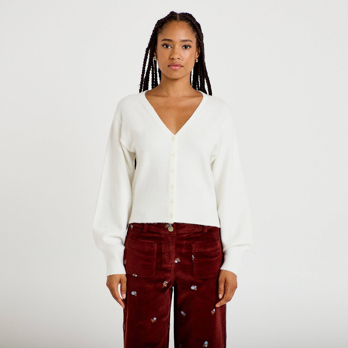 Gilet col v manches longues ecru femme