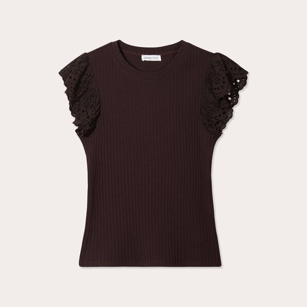 T-shirt manches courtes côtelé marron foncé femme