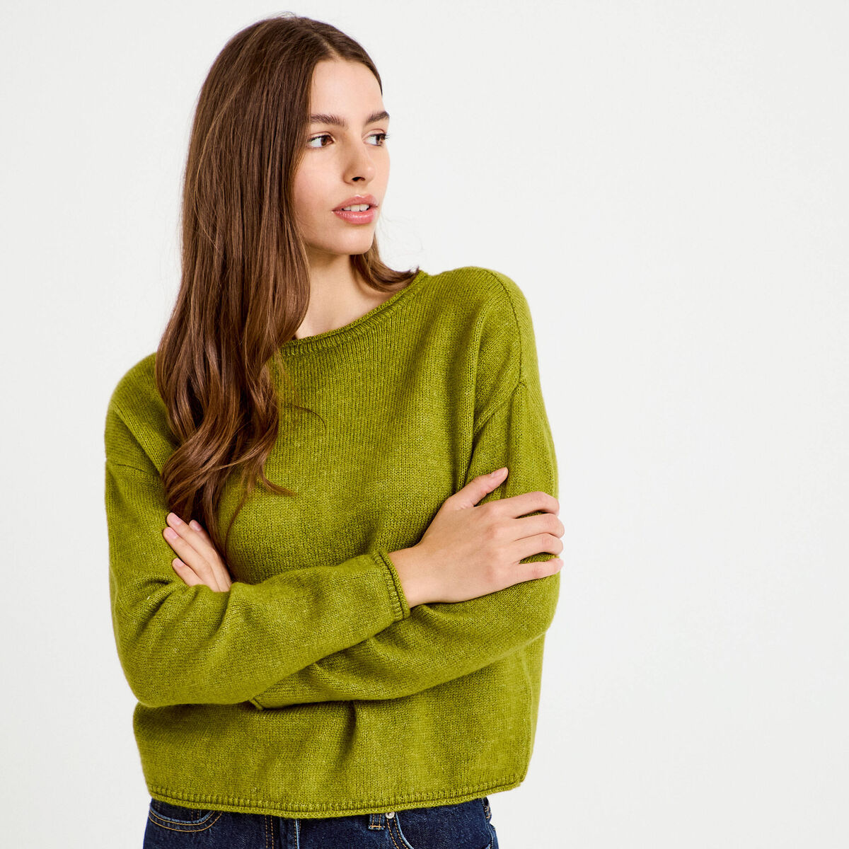 Pull manches longues vert fonc&eacute; femme