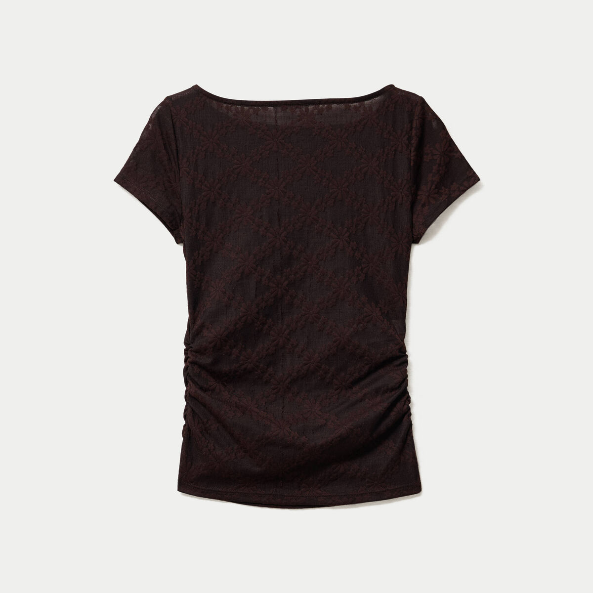 T-shirt ajust&eacute; dentelle col bateau marron fonc&eacute; femme