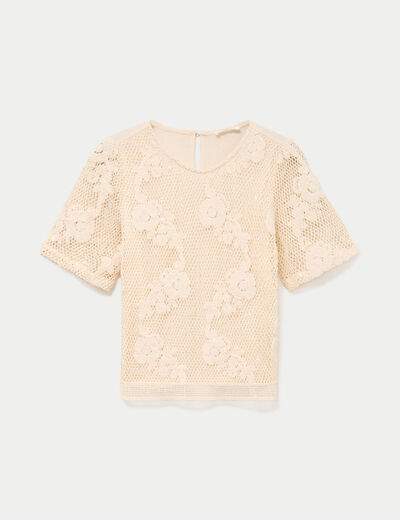 T-shirt manches courtes aspect dentelle ecru femme