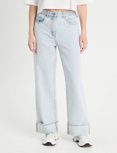 Jeans droit avec ourlets denim bleach femme