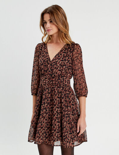 Robe évasée manches 3/4 marron femme