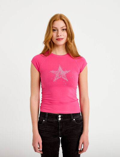 T-shirt ajust&eacute; court col rond rose fushia femme