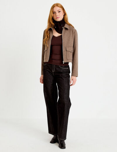 T-shirt thermique col en V plumetis marron fonc&eacute; femme