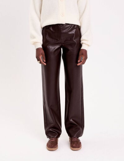 Pantalon droit similicuir marron fonc&eacute; femme