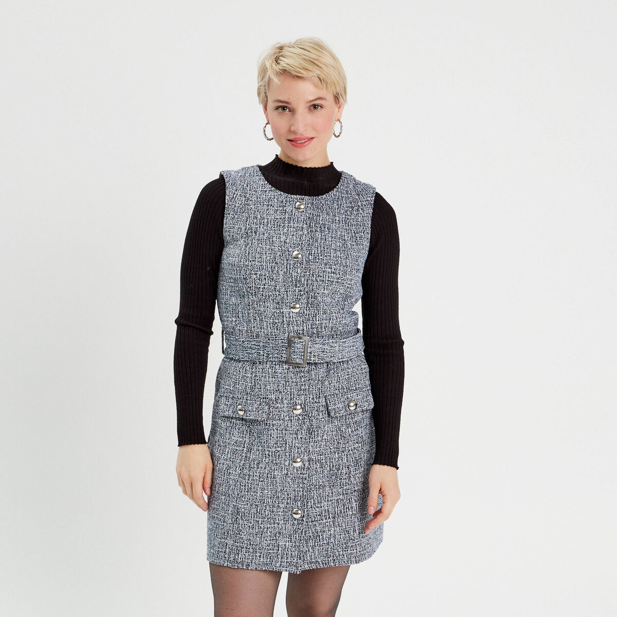 Robe cintrée ceinturée tweed bleu femme