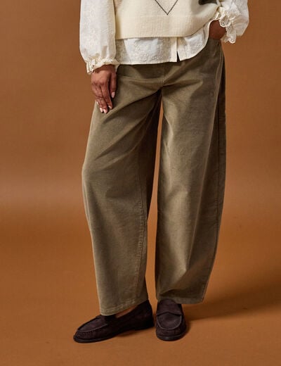 Pantalon barrel en velours vert kaki femme