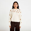 Pull oversize brod&eacute; manches longues ecru femme
