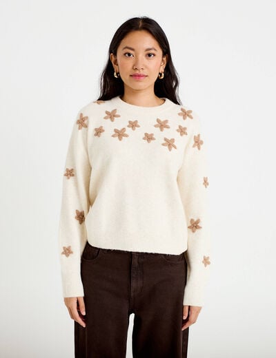 Pull oversize brod&eacute; manches longues ecru femme