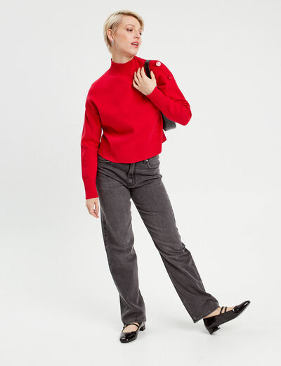 Pull col montant boutons rouge femme