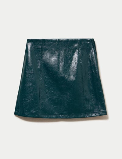 Jupe droite courte en similicuir vert fonc&eacute; femme