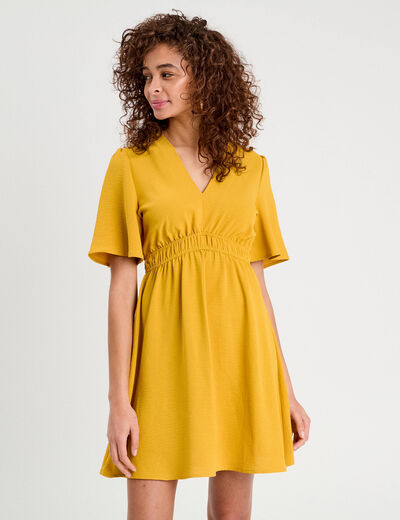 Robe évasée taille élastiquée jaune citron femme