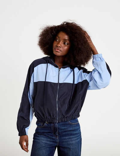 Veste cropped &agrave; capuche manches longues bleu marine femme