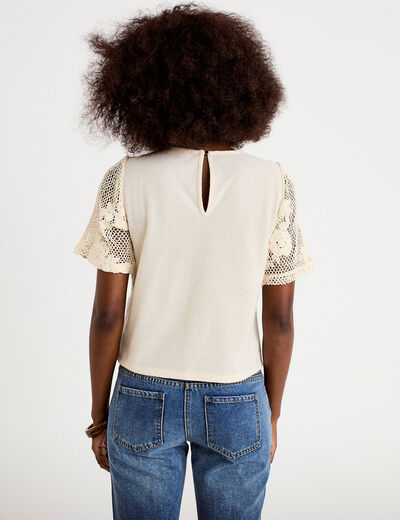T-shirt manches courtes aspect dentelle ecru femme
