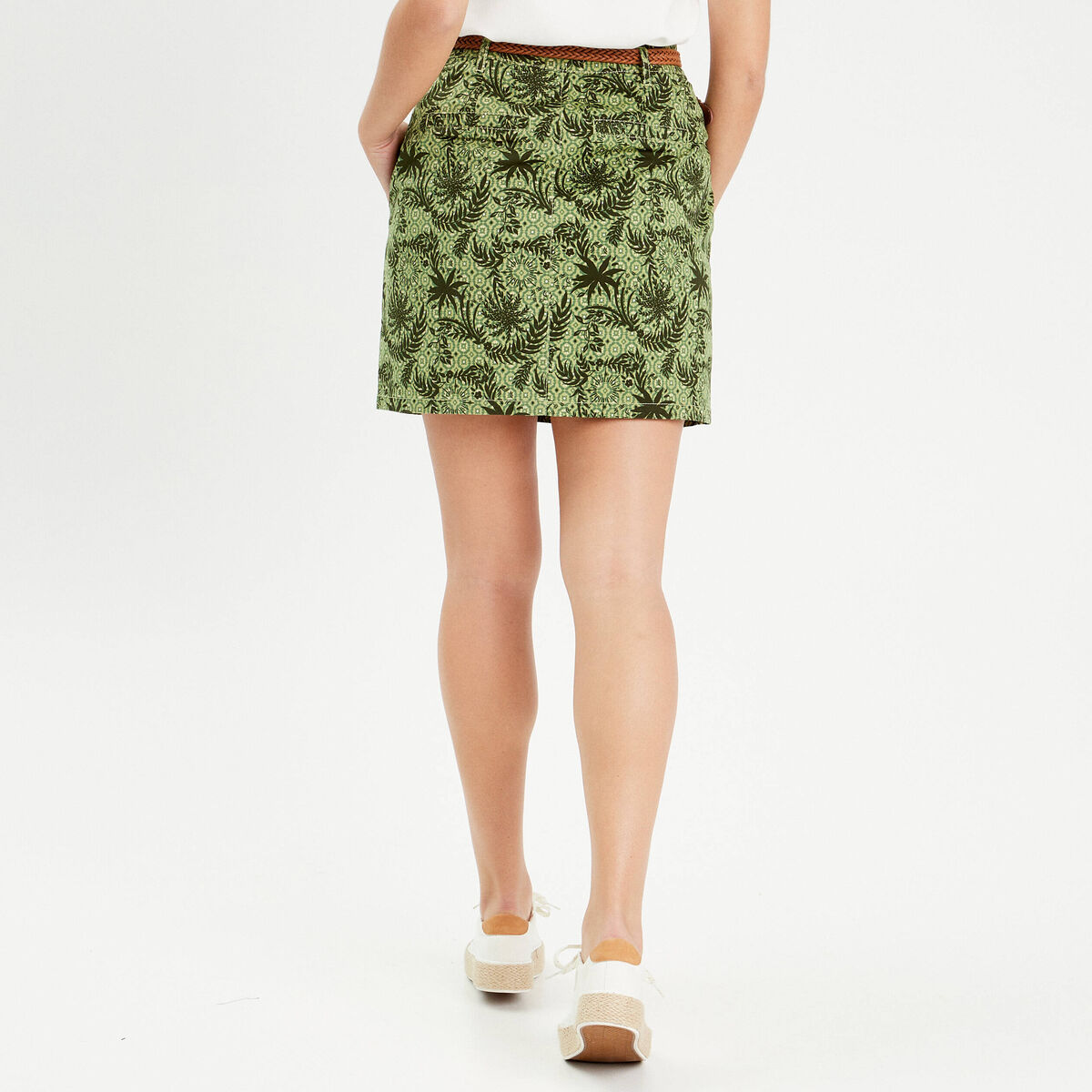 Jupe chino droite ceintur&eacute;e vert femme