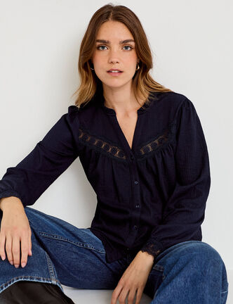 Blouse maille relief&eacute;e bleu marine femme