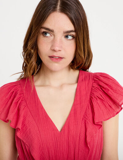Robe courte &eacute;vas&eacute;e col v manches courtes rose framboise femme